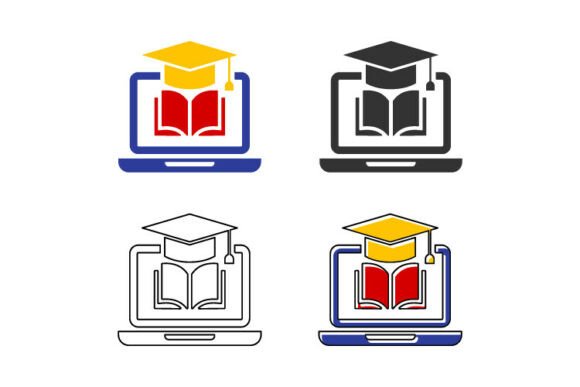 Graduation Cap and Open Book on Laptop I: Icons & Graphics