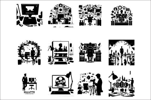 Modern Computer Desk Room Silhouette Graphics for Crafts